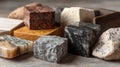 Various stone samples presented in unique shapes, highlighting different textures and natural colors on a wooden table Royalty Free Stock Photo