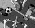 Various street sports skateboarding basketball Cycling football top view grayscale