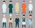 Muslim with diverse clothes styles, man icons wearing islamic culture outfit - vector illustration. Royalty Free Stock Photo