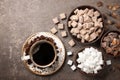 Various sugar in bowls and coffee cup