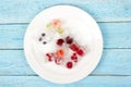 Berries frozen in ice cubes with mint on plate. Royalty Free Stock Photo