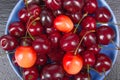 Various summer Fresh Cherry in a bowl on rustic wooden table. Antioxidants, detox diet, organic fruits. Berries. Berries Royalty Free Stock Photo