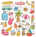 Various summer related object in kawaii style illustration