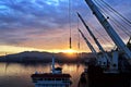 Various sunrise views of the piers, terminal and coastline of the Port of Vostochnyy. Russia, December,2020