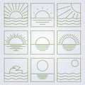 various of sunset or sunset icon isolated collection bundle set symbol line art clipart ocean marine view landscape simple line