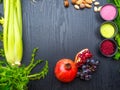 Various Super foods on a wooden background