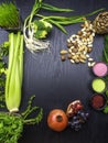 Various Super foods on a wooden background Royalty Free Stock Photo