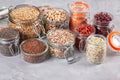 Various superfoods goji berries, quinoa, chia, hemp seeds, chickpeas, oats, linseeds and lantils Royalty Free Stock Photo