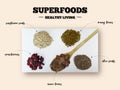 Various superfoods on white background. Chia, mung beans, sunflower seeds, cocoa beans, cranberries, wooden spoon. Top view