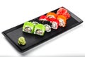 Various of Sushi Roll - Maki Sushi with green, red and black caviar, Crab meat, cucumber, avocado Royalty Free Stock Photo