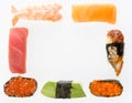 Various sushi set as a frame isolated on white background. Japanese cuisine. Ikura, salmon, tuna, avocado, caviar, shrimp sushi se Royalty Free Stock Photo