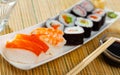 Various of sushi traditionally served with pickled ginger, wasabi and soy sauce. Royalty Free Stock Photo