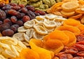 Various sweet dried fruit close up in street market.Macro.AI Generative Royalty Free Stock Photo