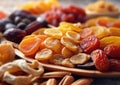 Various sweet dried fruit close up in street market.Macro.AI Generative Royalty Free Stock Photo