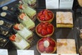 Various sweets and cakes in shop window. Bakery shop in london Royalty Free Stock Photo