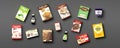 Various sweets products on grey background. 3d illustration