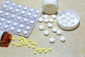 Various tablets - analgesics, antidepressants, vitamins, antiviral drugs scattered on the table. Royalty Free Stock Photo