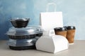 Various takeout containers on table. Food delivery