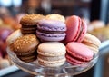 Various taste and color macarons pastry dessert in cafe.Macro.AI Generative