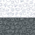 Various teas, teapots, leaves and lemons. Seamless linear pattern Royalty Free Stock Photo