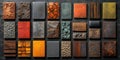 Various textured surface samples displayed in a grid pattern for interior design inspiration in a studio Royalty Free Stock Photo
