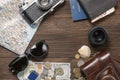 Various things for travel on a wooden background