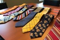 various tie patterns displayed on a table Royalty Free Stock Photo
