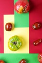 Various tomatoes on the multicolored geometric background