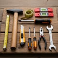 Various tools arranged on a wooden surface include a hammer with a wooden handle, Royalty Free Stock Photo