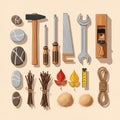 Various tools and natural materials are arranged on a beige background. The Royalty Free Stock Photo