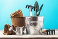 Various tools for working in the garden on a wooden table Royalty Free Stock Photo