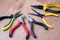 Various tools for working on wooden background Royalty Free Stock Photo