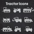 Various Tractor and Construction Machinery Icon set blackboard stylized Royalty Free Stock Photo