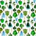 Various trees seamless pattern on white background, hand-drawn watercolor illustration of pine, fir, willow, palm