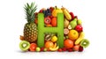 Various tropical fruits with big green letter H isolated on white created with Generative AI Royalty Free Stock Photo