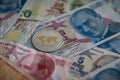 Various Turkish Lira Banknotes and Ripple Coin