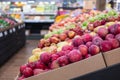 Various type of fresh fruits arrange neatly grocery store. Fresh healthy fruits on shelves in supermarket