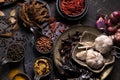 Various type of oriental earthy flavor dry spices on dark wooden table such as turmeric, black pepper, chili flake, bay leaf, for