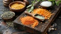 Close up of assorted spices on a cutting board Royalty Free Stock Photo