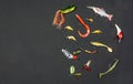 Various types of artificial bait for angling for fish. Royalty Free Stock Photo