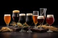 various types of beer glasses with different brews