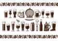 Various types of beer glasses and mugs. Seamless border. Hand drawn engraving style vector illustration isolated on white