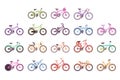 Various types of bikes for male, female and kids set, colorful bicycles with different frame types vector Illustrations Royalty Free Stock Photo