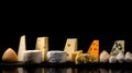 Various types of blue cheese, hard in a row. Black background. AI generated.