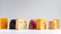 Various types of blue cheese, hard in a row. White background. AI generated.