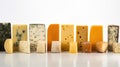 Various types of blue cheese, hard in a row. White background. AI generated.