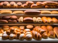 various types of bread and buns on wooden table, AI Generated Royalty Free Stock Photo
