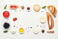 various types of bread butter and other ingredients arranged in a circle on a white background