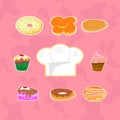 Various types of bread and cakes were delicious Indonesian and a chef\`s hat in the form of vector illustration