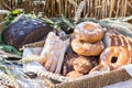 Various types of bread and sliced rye bread on lace tablecloth with corn ears Royalty Free Stock Photo